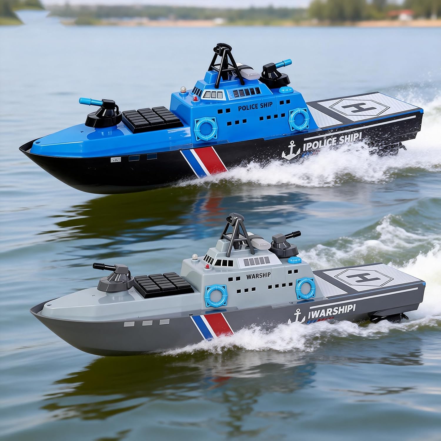 22" Inch 56CM Remote Controlled Warship Battleship Aircraft Carrier 15km/h 2.4G 8WD RC Boat Spaying Water LED Walk On Water Lakes Pools for 14Y+ Blue (2 Water-Cannons ,1 Shooting &1 No-Shooting)