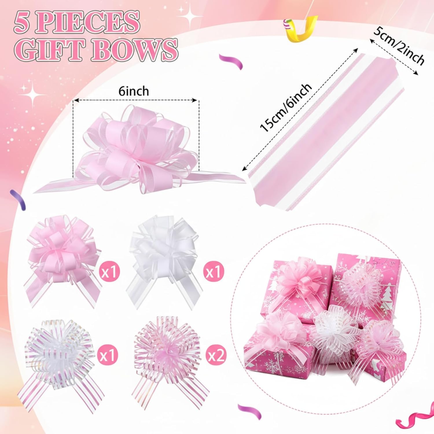 LOYIM 10 Pcs Pink and White Bows for Gift Wrapping Tree Assortment Pull Curly Gift Bows Self Adhesive Large Organza Ribbon for Birthday Wedding Bridal Shower Present Wrapping Bag Basket Decoration - Image 3