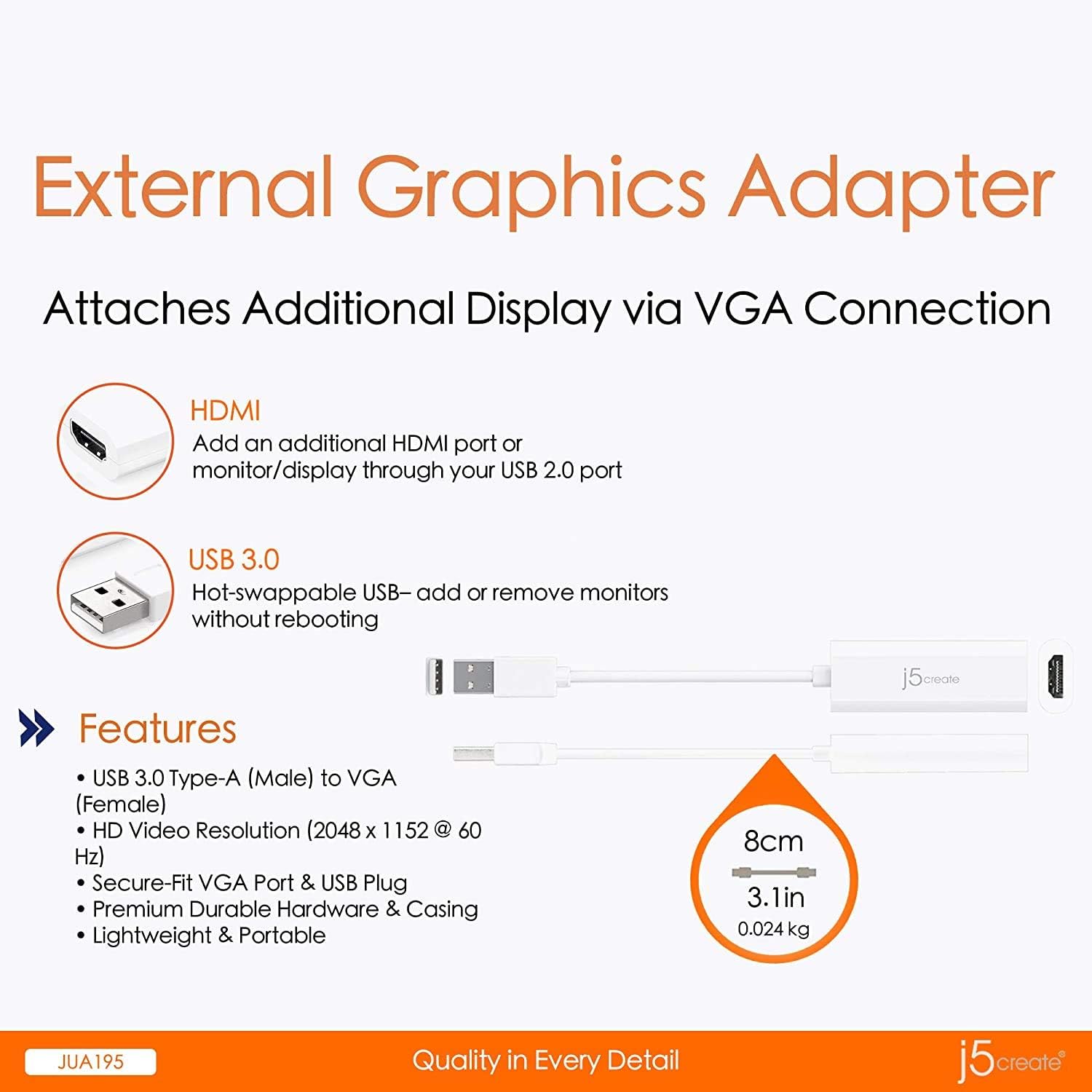 j5create USB Type A to HDMI Display Adapter + USB C to USB Type-A Adapter (JUA195 + JUCX15X2)