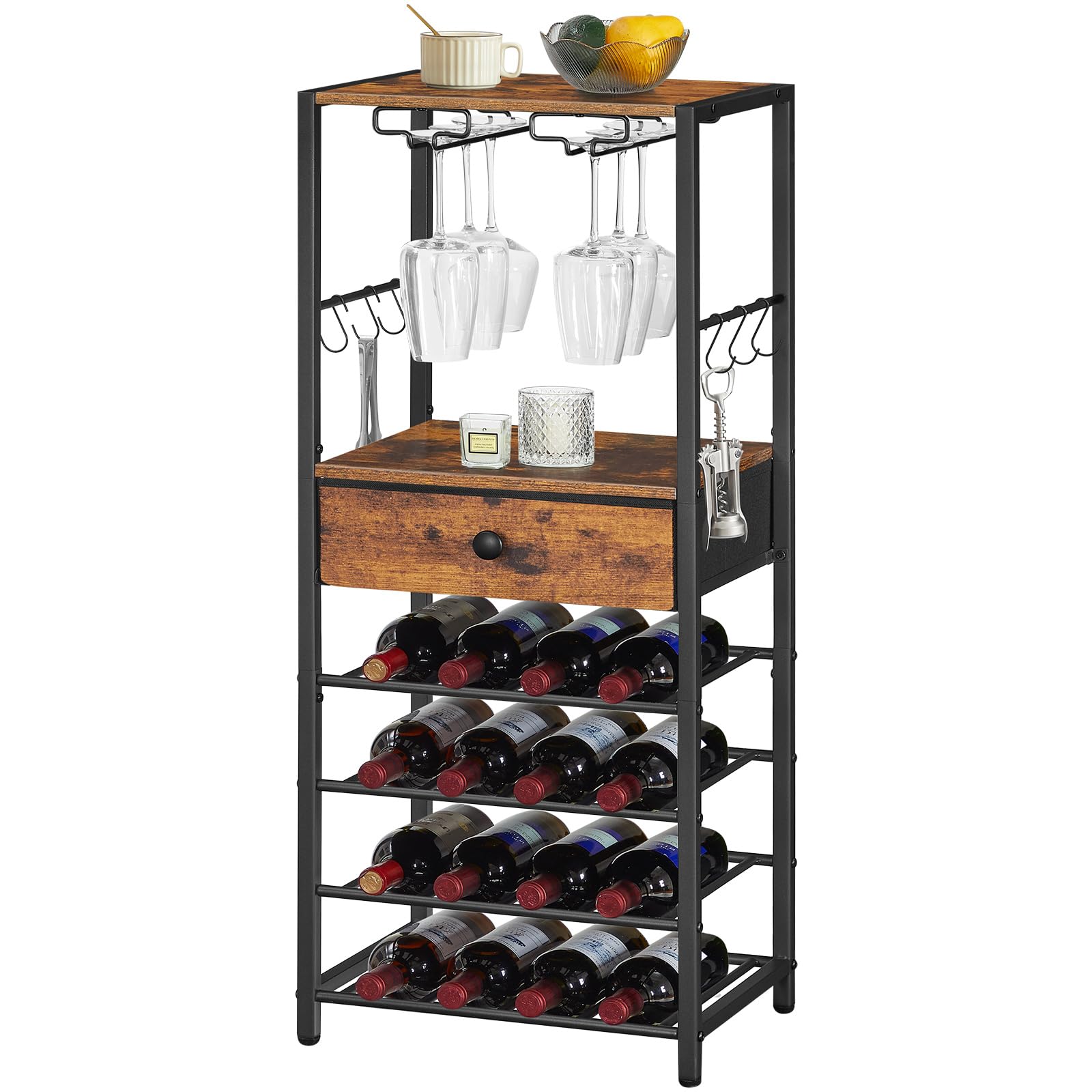 HOOBRO Weinregal für 16 Flaschen, Flaschenregal Holz mit 6 Etagen, Weinständer mit Schublade, Weinschrank, Weinflaschenhalter mit Glashalter 40 x 30 x 102 cm, Flaschen Organizer EBF10JJ01