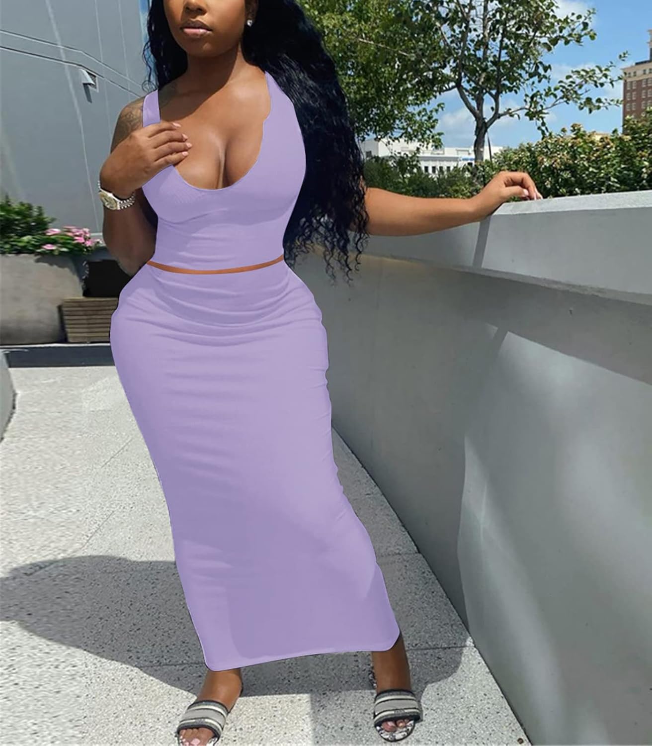 Womens Sexy Summer Scoop Neck Ribbed 2 Piece Outfits Dress Crop Tank Top Maxi Long Skirt Set Beach Party Dress - Image 3