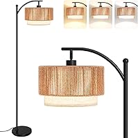 SUNMORY Arc Floor Lamp for Living Room with 12W LED Bulb, 3 Color Temps, Adjustable Rattan & Fabric Shades, Boho Farmhouse Standing Lamp