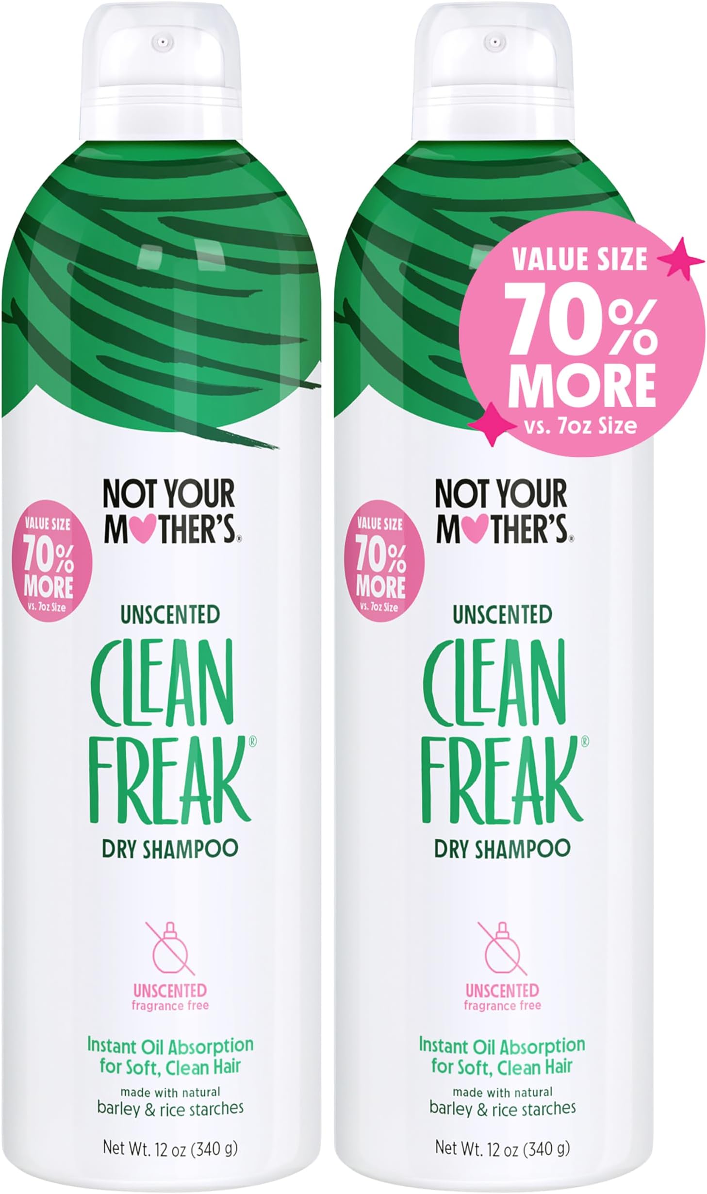 Not Your Mother's Value Pack Clean Freak Unscented Jumbo Dry Shampoo (2-Pack) - 12 oz Each - 70% More to Instantly Absorb Oil and Refresh Hair Between Washes - No Scent - For All Hair Types