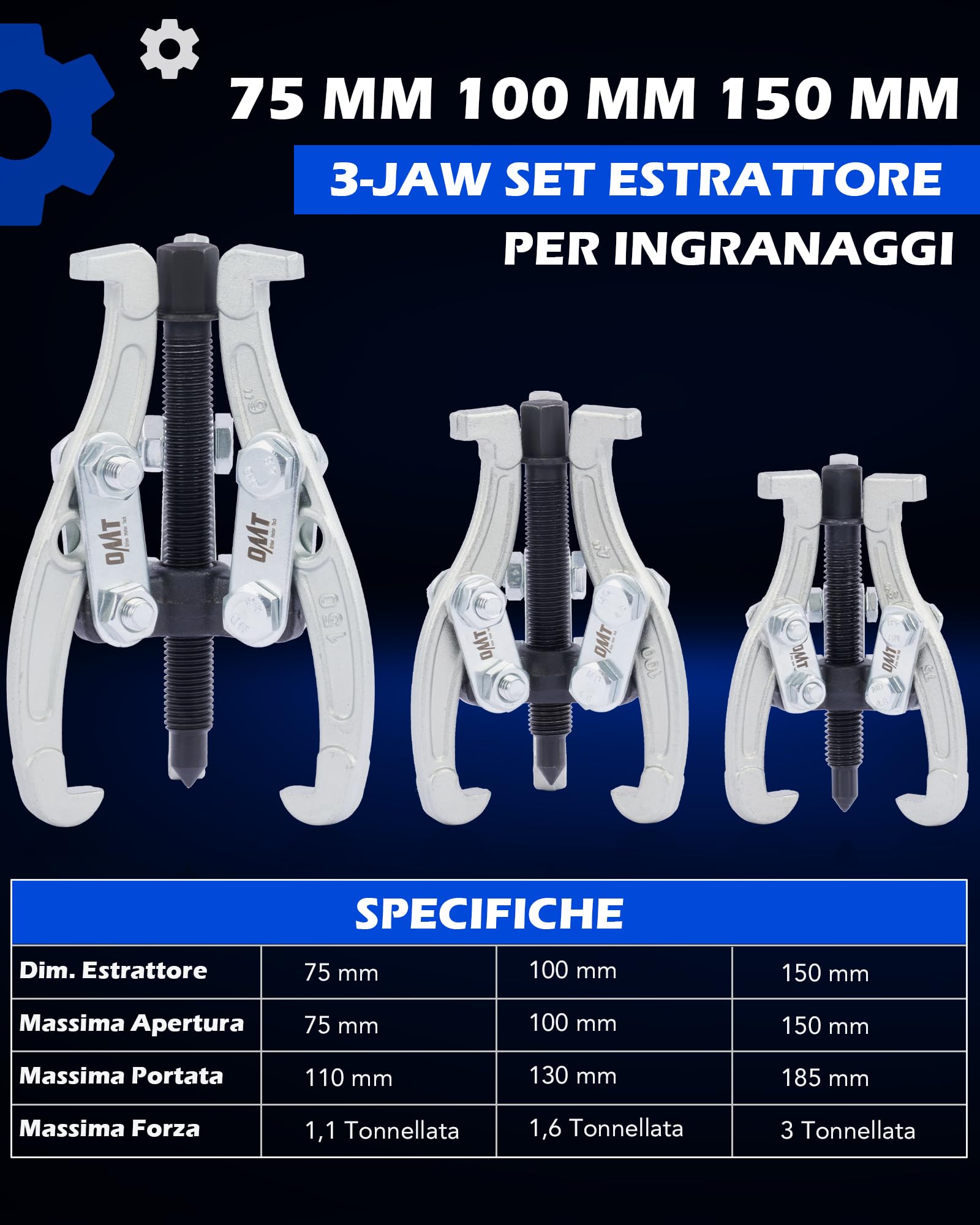 Orion Motor Tech 3 Pezzi Estrattori per Ingranaggi a 3 Ganasce 75/100/150 mm, Estrazione Cuscinetti a 3 Ganasce Reversibili per Rimozione di Pulegge, Cuscinetti per Ingranaggi, Volano