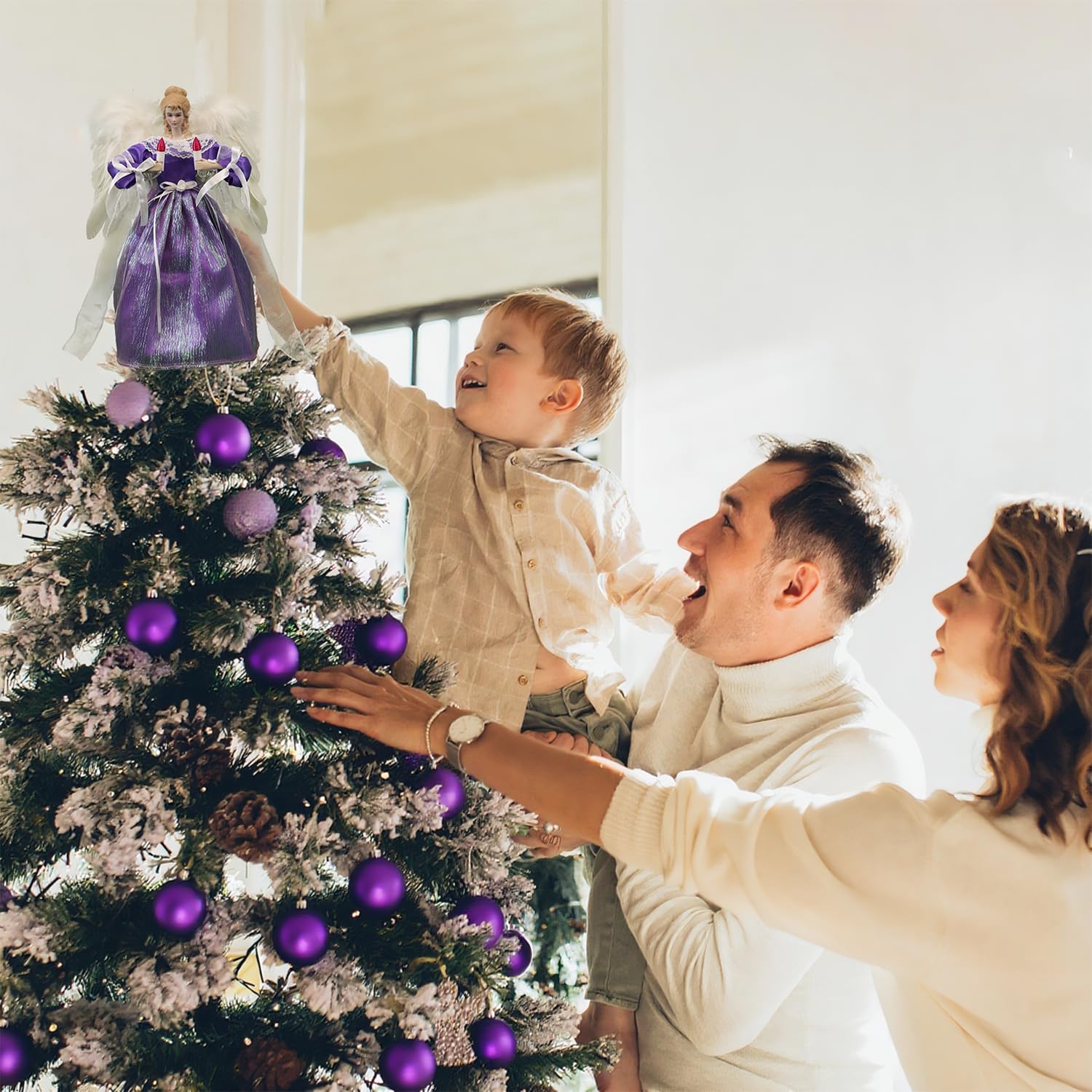 Christbaumspitze Engel mit automatisch schlagenden Flügeln – Weihnachtsbaumspitze beleuchtet in Lila, 30 cm, mit Hellen LEDs & separat steuerbaren Flügeln, 6 Std. EIN / 18 Std. Aus