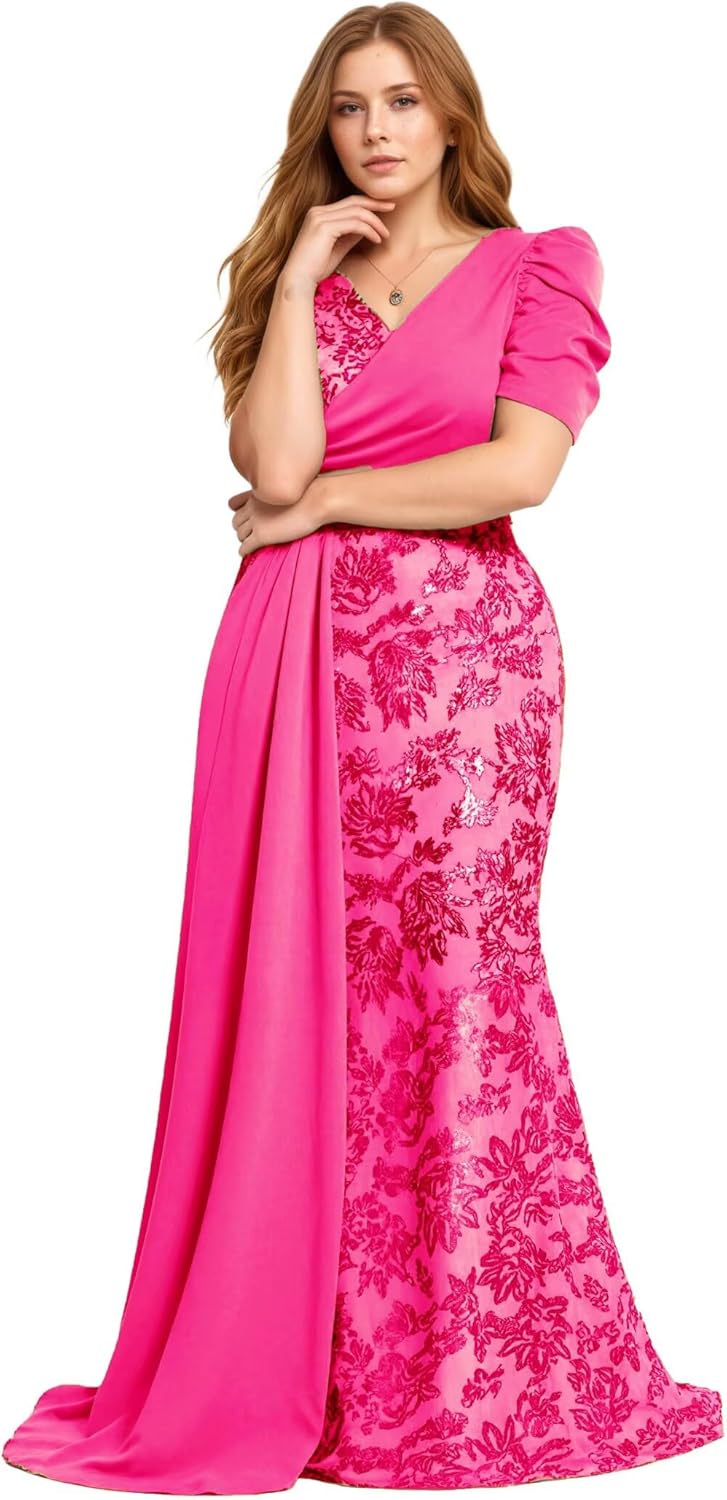 Women's Plus Size Sequin Mermaid Prom Dress Short Sleeves Formal Dress Evening Gown Court Train Plus Size Ball Gowns