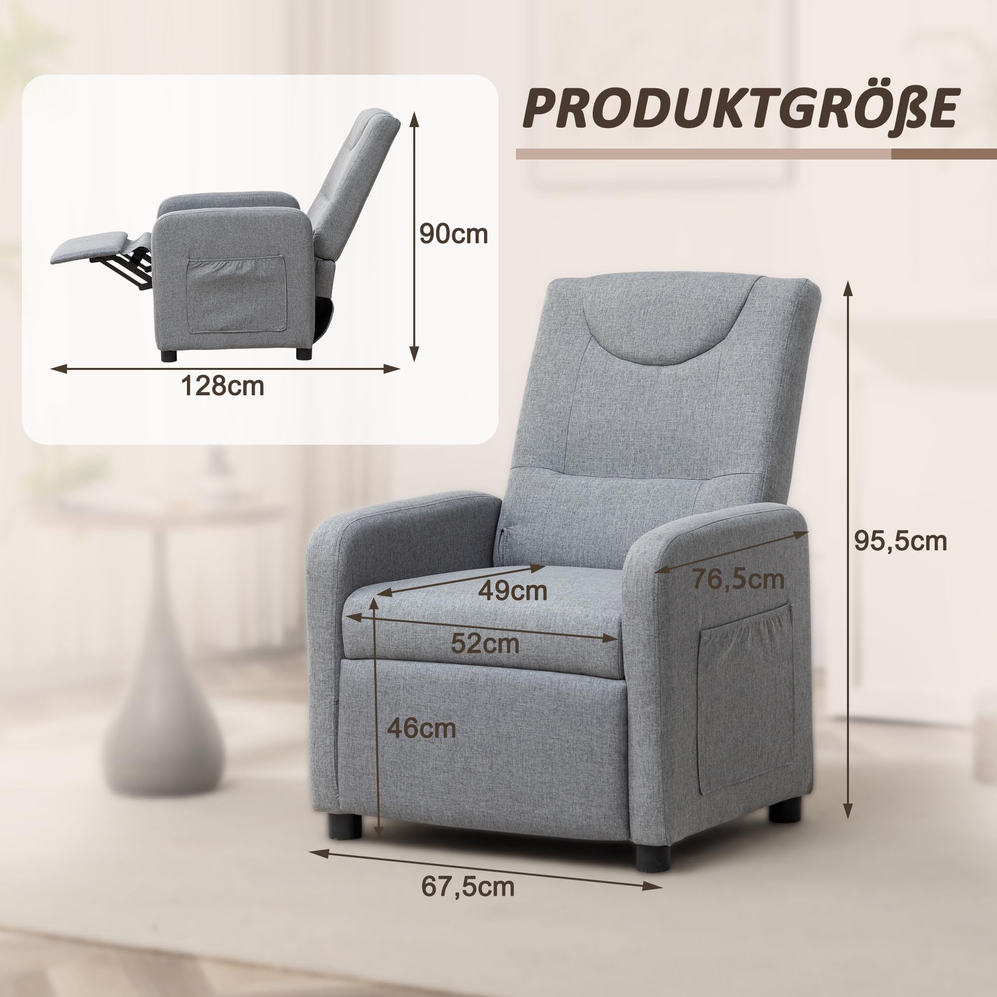 Thanaddo Relaxsessel Fernsehsessel Ruhesessel mit Liegefunktion, Einzelliege Sessel 140° Verstellbarer Rückenlehne, Ergonomisch Lounge Sessel bis 160 kg für Wohnzimmer Heimkino, Leinen Grau