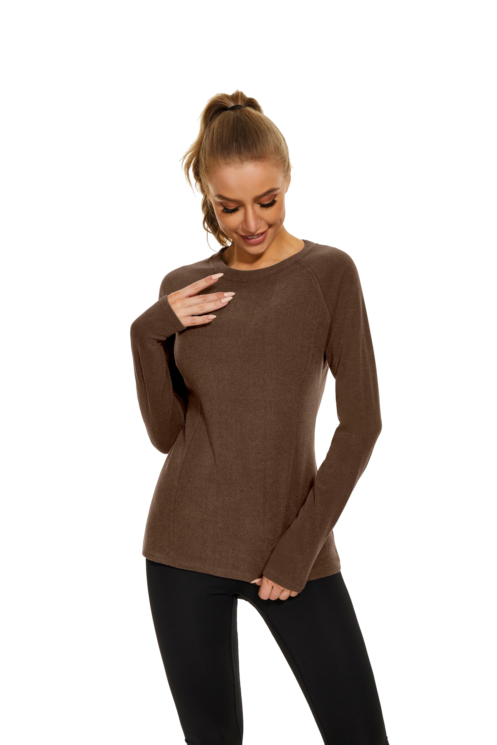 WOWENY Thermal Shirts for Women Base Layer Ultra Soft Fleece Lined Long Sleeve Top Thermal Underwear Winter Cold Weather(Brown,XX-Large)