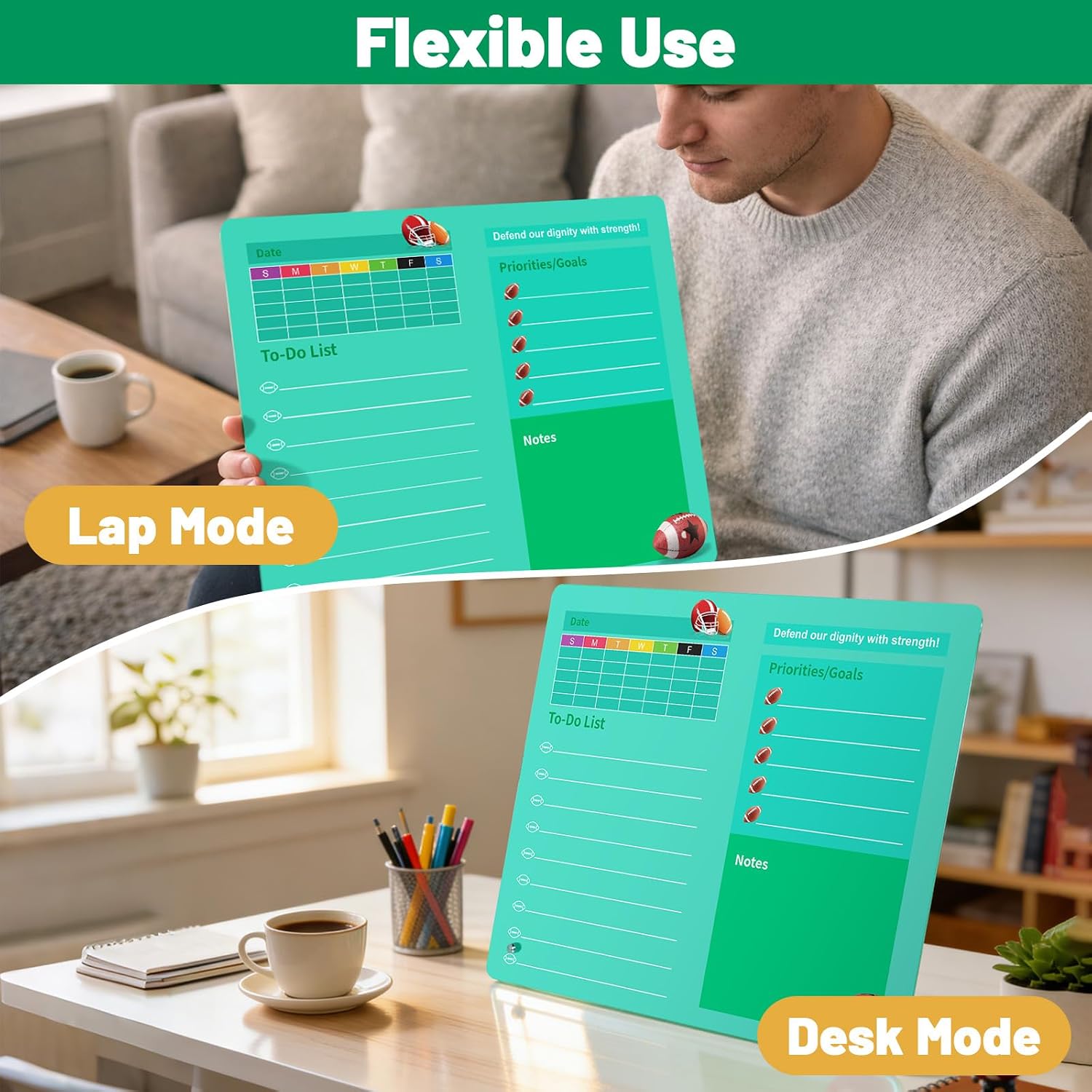 LeMotech Desktop Acrylic Dry Erase Board, 12x10 inches Weekly & to-Do List Planner, Tabletop Whiteboard with Stand, Office Supplies Includes 2 Markers & 1 Eraser, Green Football Pattern, 2 Pack