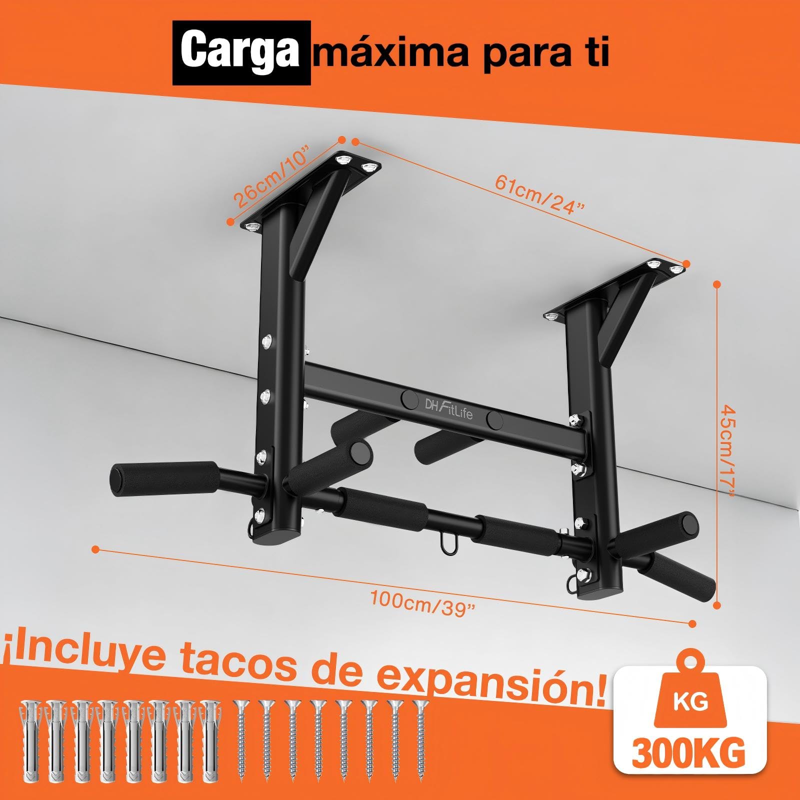 DH FitLife Barra Dominadas Techo 200 kg – Barra Multifuncional 4 en 1 para Calistenia y Gimnasio en Casa, 3 Ojales para Saco de Boxeo y Cintas de Suspensión