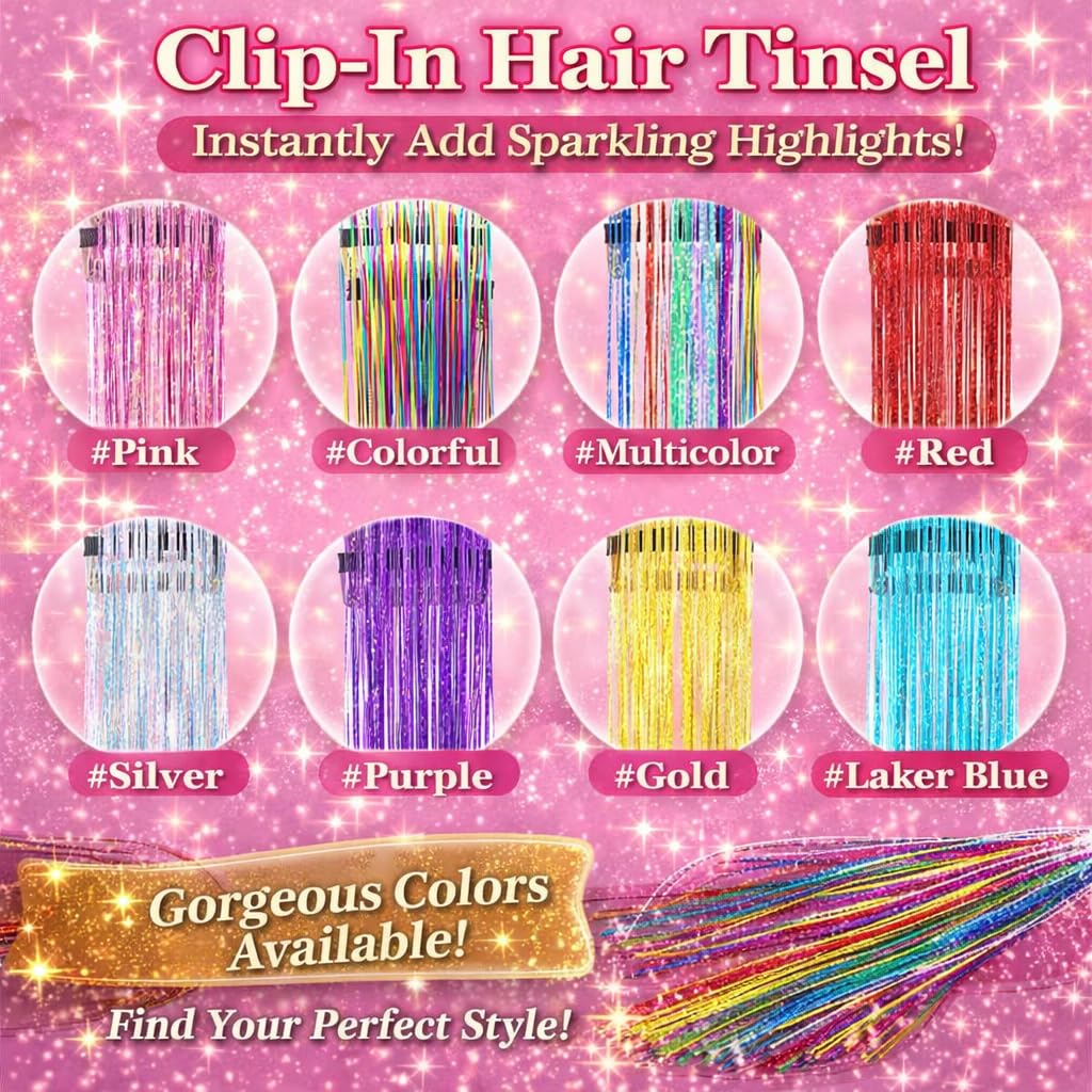 Hair Tinsel 12 Pcs Clip in Hair Tinsel Kit for Girls 22 Inch Glitter Fairy Tinsel Hair Extensions Colorful Heat Resistant Party Festival Accessories for Women (pink/multicolor-12 Pcs)