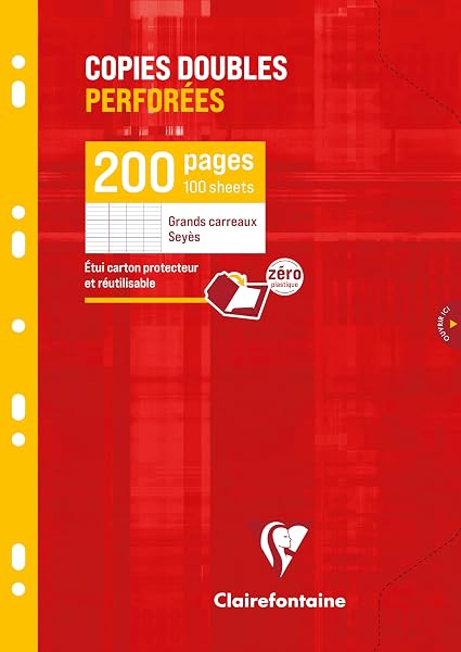Clairefontaine 4711C Un Étui de Copies Doubles Perforées - A4 21x29,7 cm - 200 Pages Grands Carreaux - Papier Blanc 90 g - Étui Réutilisable - 1