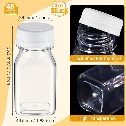 Miniatura 2 de 48 botellas de plástico para jugo a granel con tapas, pequeñas botellas transparentes reutilizables para jugos, licuados, té, leche y café (blanco,