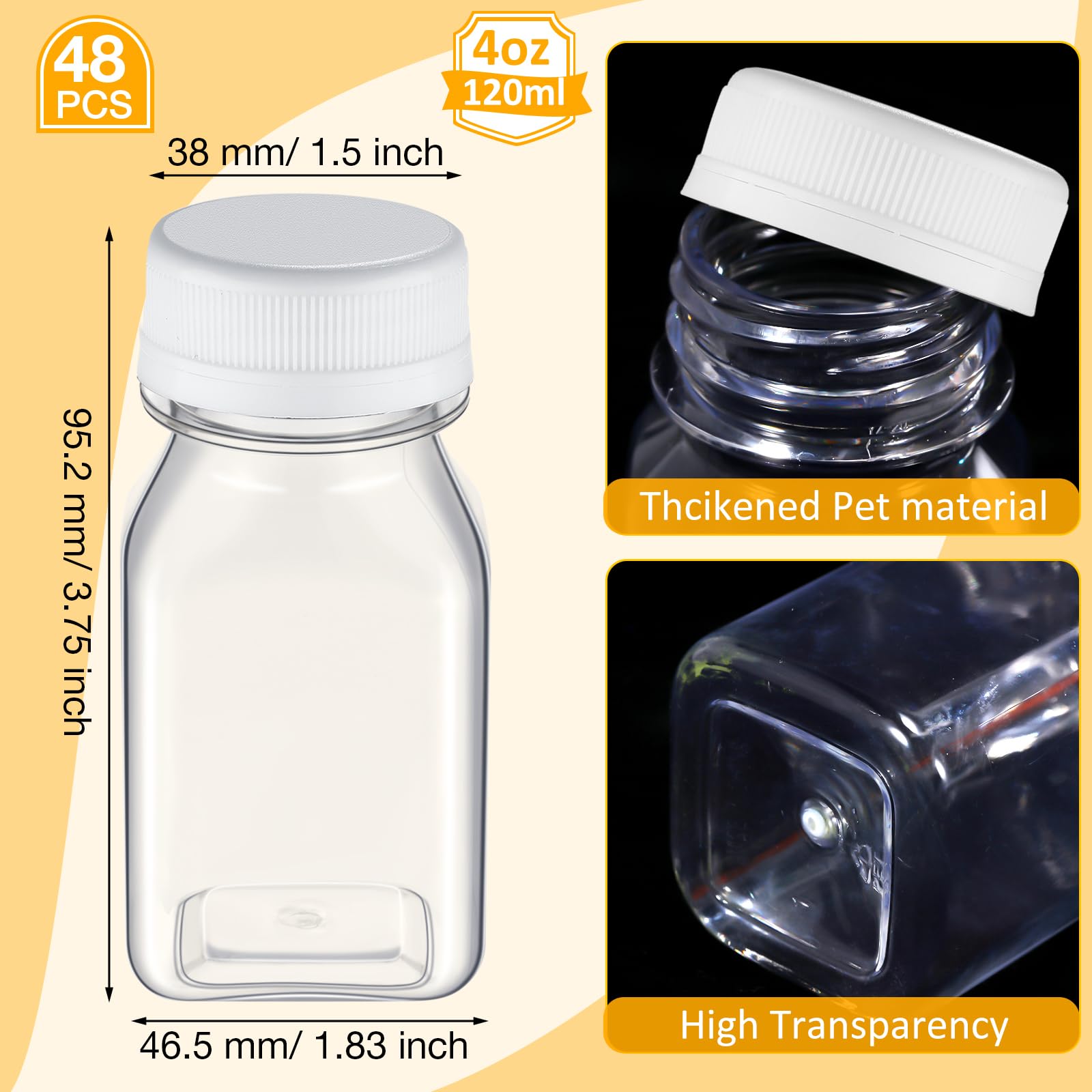 48 bottiglie di plastica per succhi di frutta, piccole, riutilizzabili, vuote, trasparenti, per bevande, mini contenitori per frigo, per succhi, frullati, tè, latte, caffè (bianco, 113,4 g)