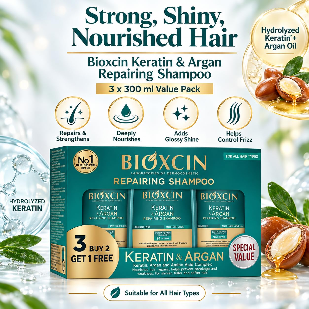 Bioxcin Keratin & Argan Reparatur-Shampoo 5er Set 3x300ml