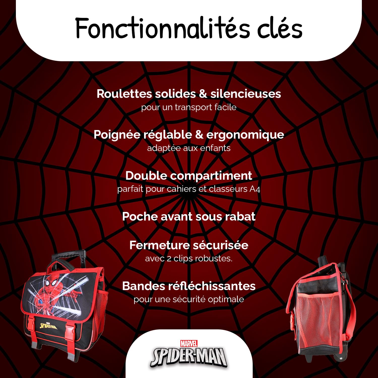 Bagtrotter SpiderMan - Cartable à roulettes 38 cm - Rouge/Noir - Garçon - 2 compartiments