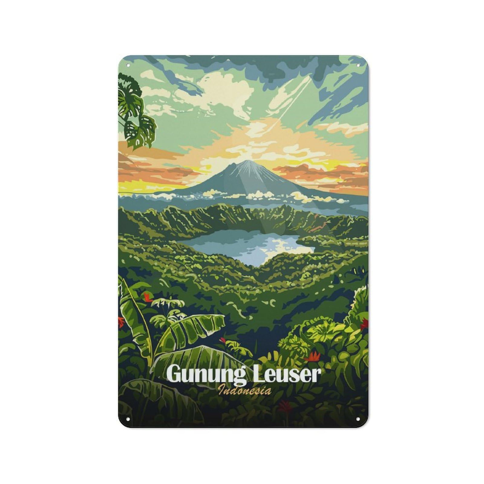 Junmoney Style-19 Gunung Leuser, Indonesia Travel Warehouse Style Metal Wall Decor 30X20cm, Metal Wall Sign For Workspace, Cafe, Hallway Or Garage