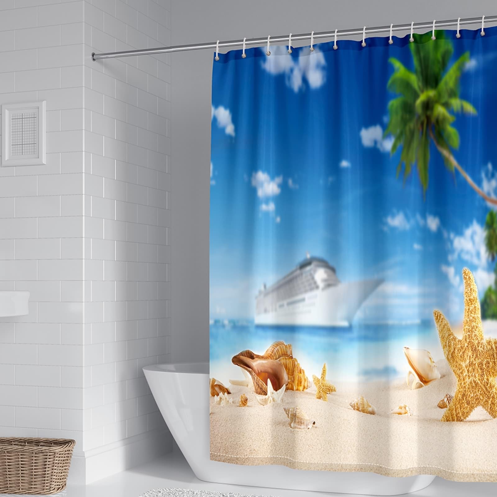 Rideau De Douche Paysage Floral Bleu Et Blanc - 120x210 Cm - Tissu Polyester Imperméable Anti-moisissure - Avec 12 Crochets