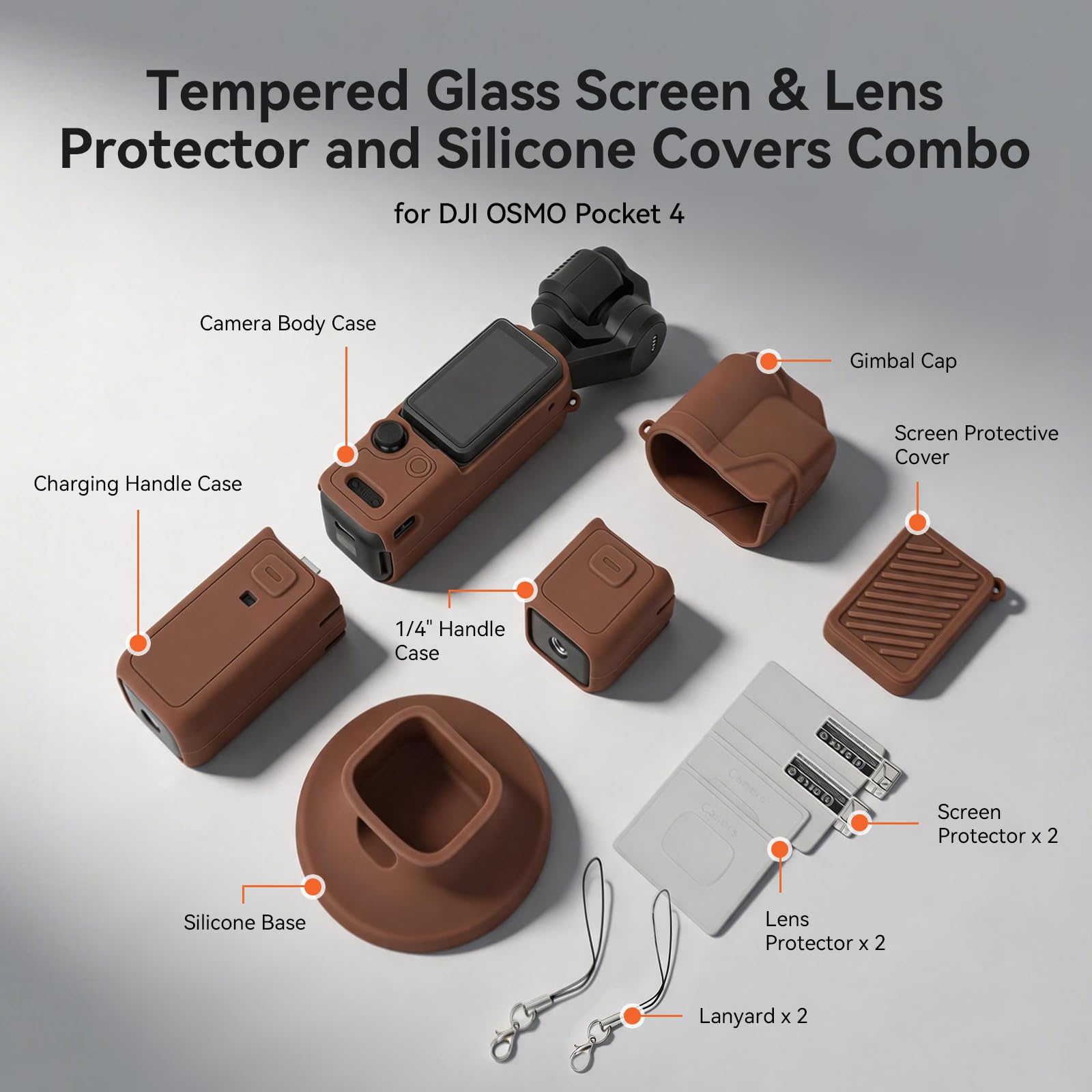 AMAZEAR Custodia Silicone per DJI OSMO Pocket 4, Pocket 4 Accessori Cover Protettiva Silicone Morbido Combo con Vetro Temperato Protezione Schermo Obiettivo, Supporto Silicone, marrone