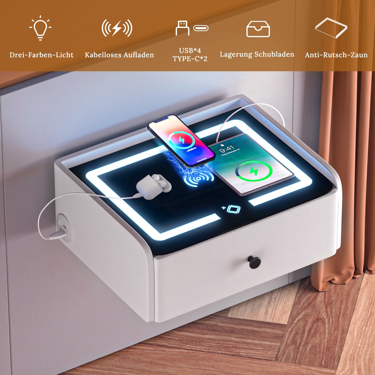 Comodino Sospeso Comodino con Stazione di Ricarica 2 porte USB e TYPE-C Ricarica Wireless Luci LED Camera da Letto Opzioni Per i Giovani Bianco