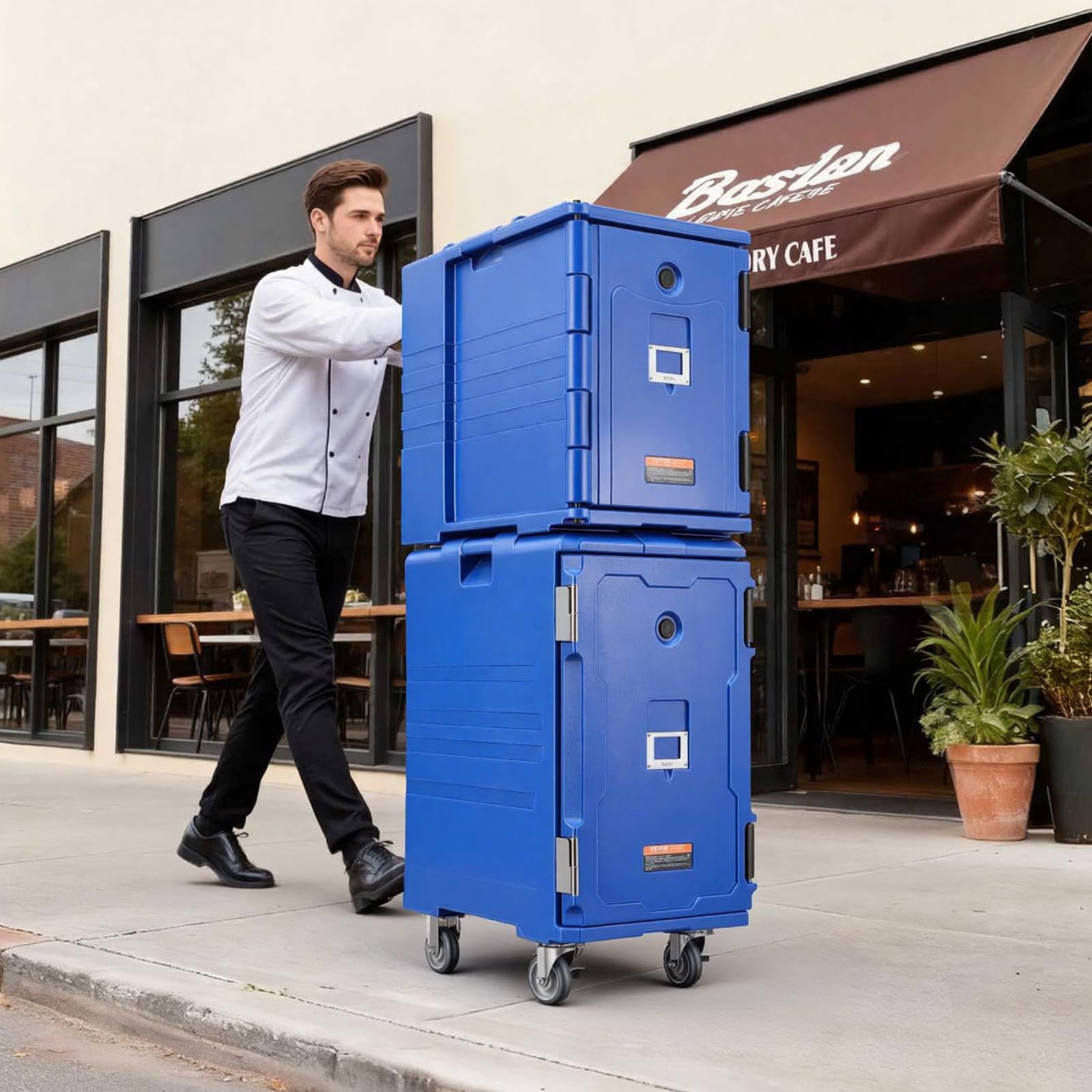 VEVOR Conteneur Isotherme pour Bac Gastronorme 120 L, Boîte de Transport Alimentaire Empilable, Chargement Frontal, Double Boucle, Poignées et Roulettes, Porte-plateaux pour Restauration Cantine, Bleu