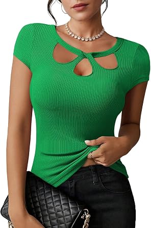 Pink Queen Sexy Tops for Women Cutout Keyhole Neck Cap Sleeve Shirts Summer | Sexy Tops for Women Cutout Keyhole Neck Cap Sleeve Shirts Casual Summer Clothes 2026 Fashion