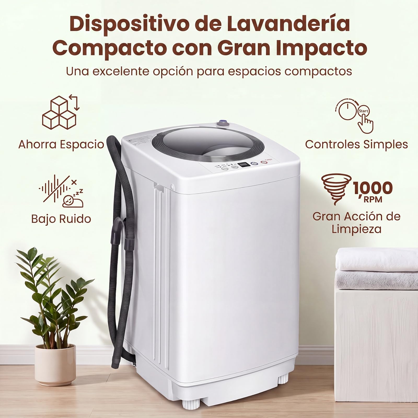 GYMAX Lavadora 3,5 kg, Carga Superior Totalmente Automática con Bomba, Centrifugado, Pantalla LED y 6 Programas, Lavadora Mini Ideal para Apartamentos y Autocaravanas, 40 x 42 x 75 cm