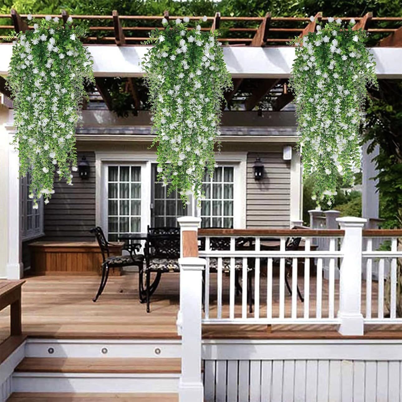 Artificial Hanging Flowers for Outdoor Indoor Decor, 6 Packs Fake Eucalyptus Vine Faux Flower Greenery Garland Plastic Plants Outside Wall Garden Wedding Home Party Decor (White) - Image 2