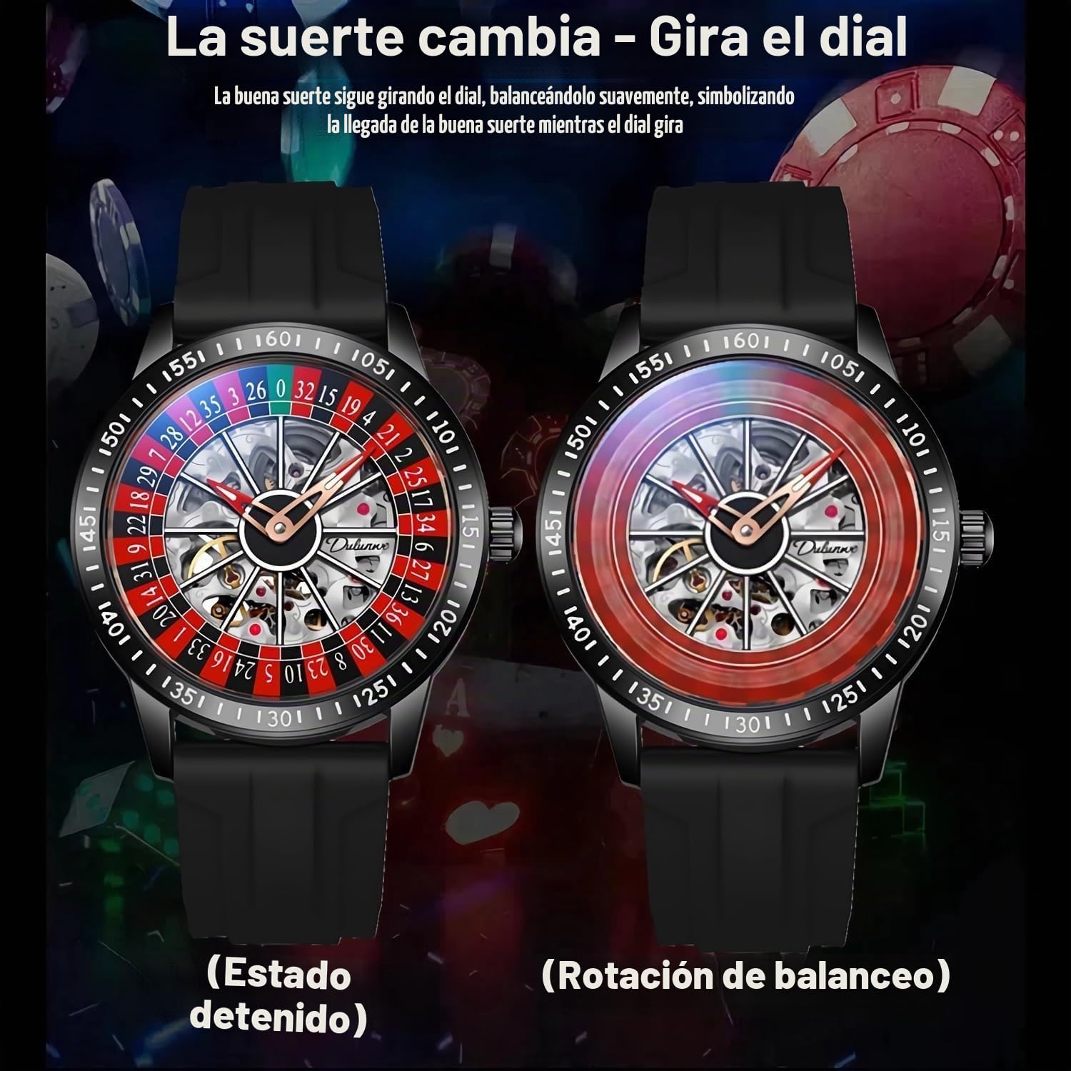 MASTOP Roulette Wheel Reloj mecánico automático para Hombre con Esfera giratoria y Esqueleto Hueco de Acero Inoxidable Impermeable