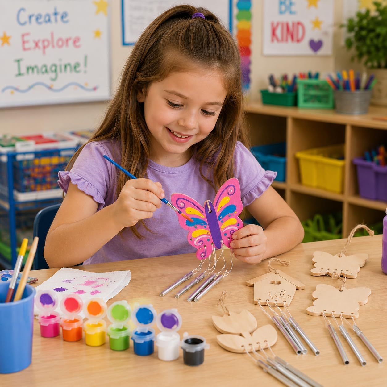Fun Express DIY Wind Chime Craft Kits for Kids Ages 4-8 - Makes 12 Spring Theme Butterfly & Birdhouse Designs | Bulk Arts and Crafts Activity Set for Birthday Parties & Creative Projects