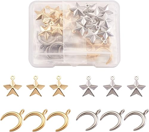 40 colgantes de acero inoxidable 304 con forma de estrella y media luna de 2 colores de doble cuerno y estrella, colgantes sólidos, pulseras de