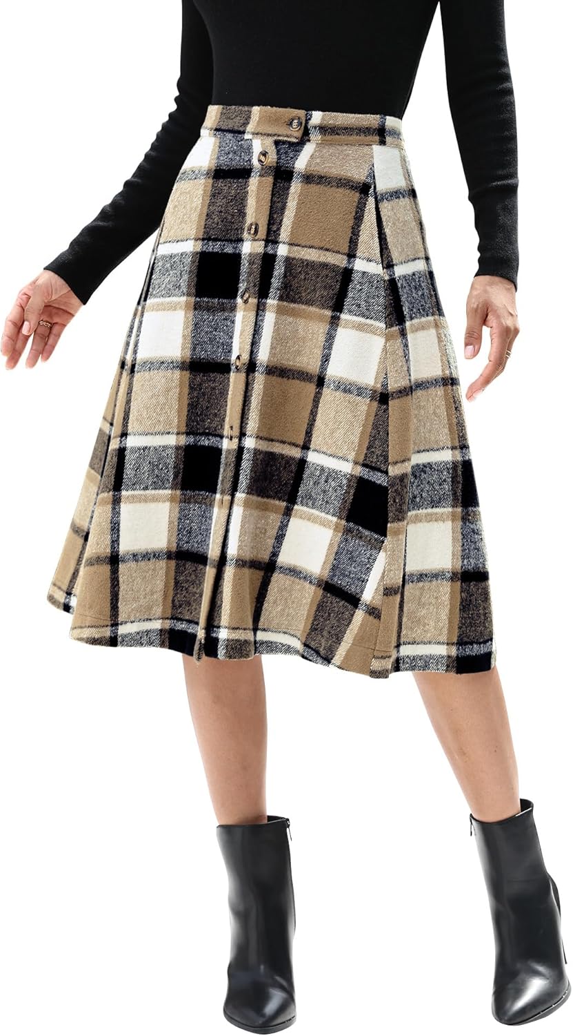 luvamia Plaid Skirts for Women Midi Length High Waisted Button Down A Line Fall Winter Elastic Waist Skirt with Pockets