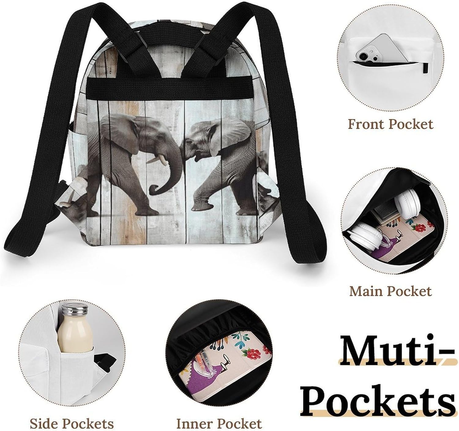 Elephant on Wood Mini Backpack Purse for Women | Waterproof durable oxford cloth casual daypack, lightweight small rucksack for work travel outdoor camping daily use & gift