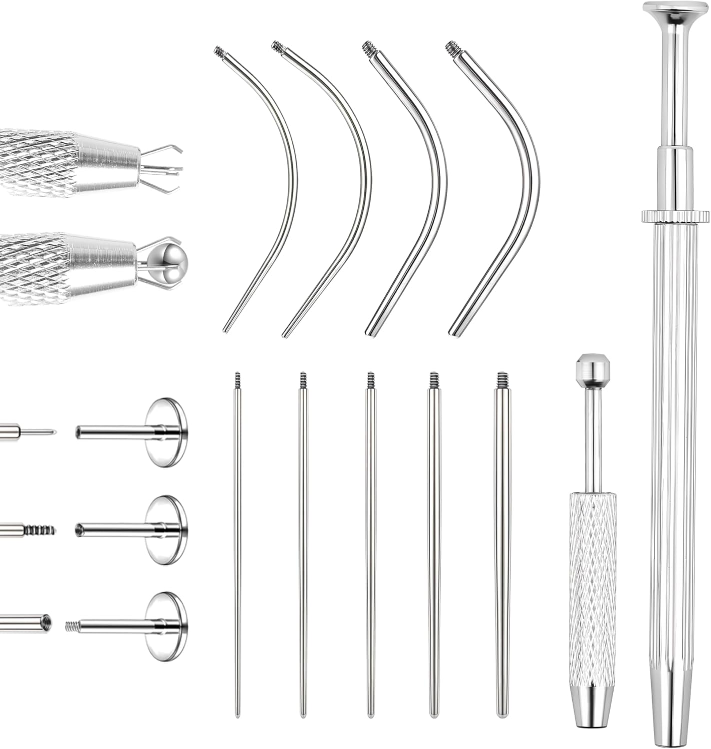 Piercing Taper Ball Grabber Tool for Jewelry Change– 14G 16G 18G 20G Stainless Steel Applicator, Flat Back Earrings, Threadless Insertion Pin, Body Piercing Kit for Ear, Nose, Lip Piercings