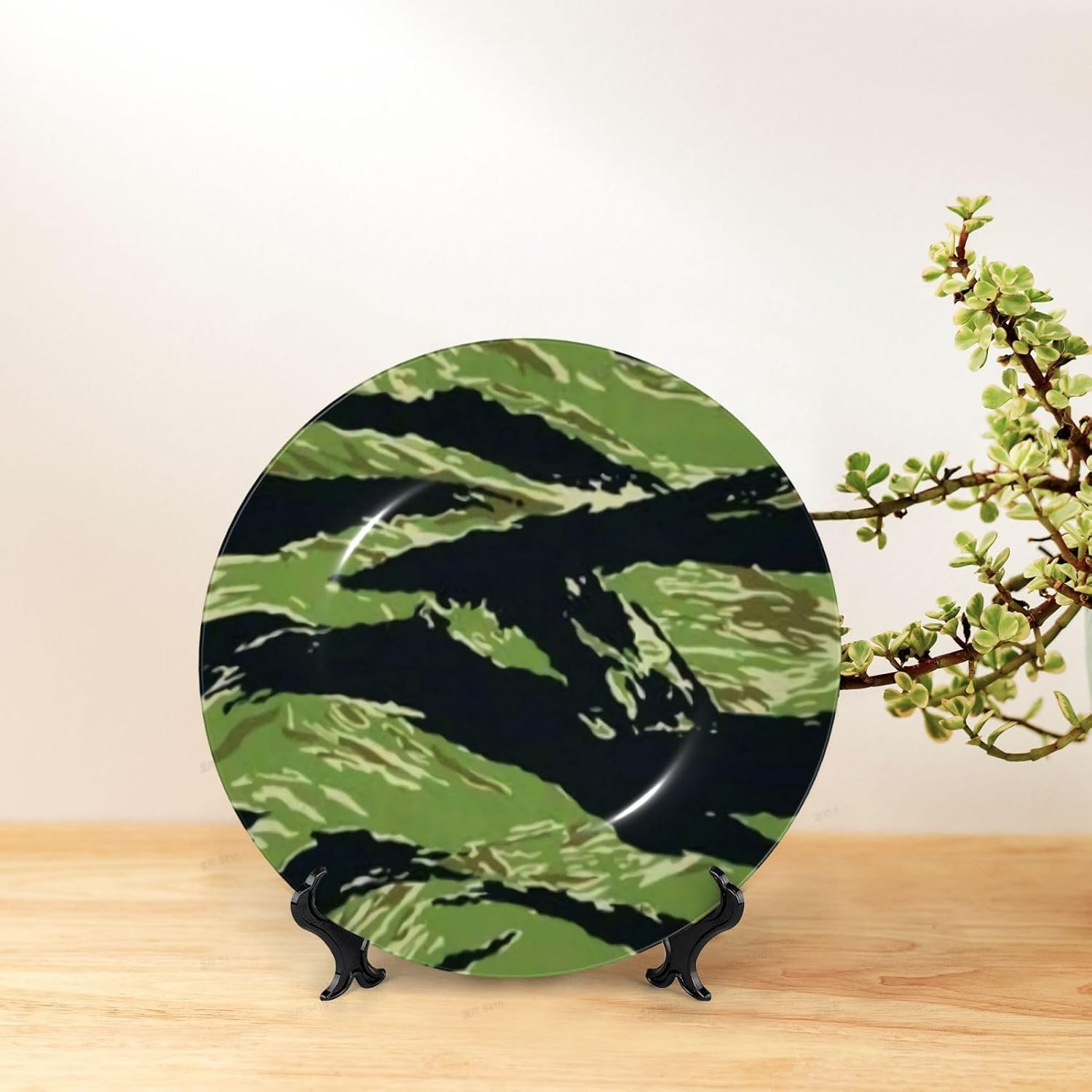 Green Black Tiger Stripe Camo Art Portable And Durable Bone China Decorative Plate. Home Decor 7in