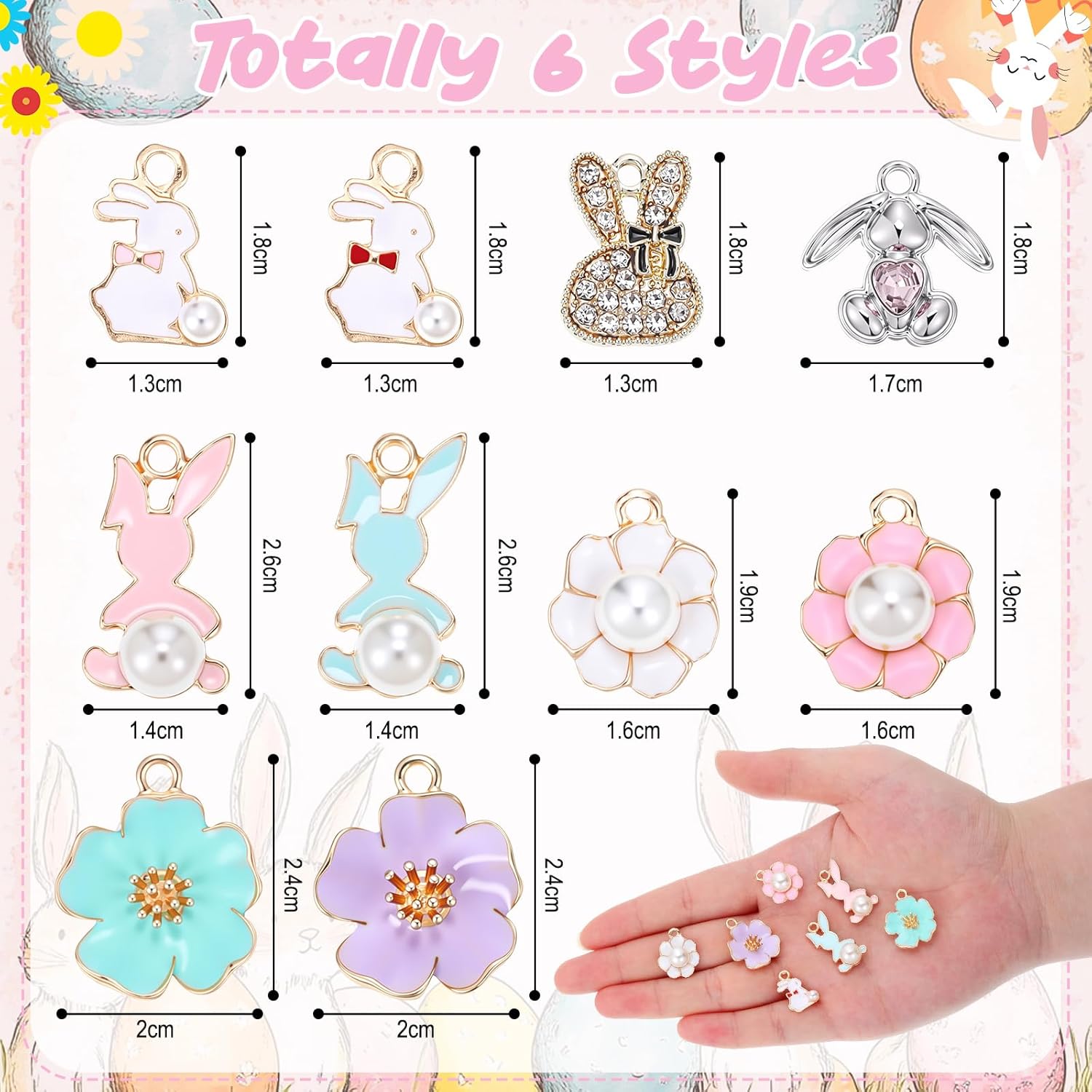 Landical 50 Pcs Easter Cute Charms for Jewelry Making Pendant Assorted Alloy Cubic Flower Charms Rhinestone Easter DIY Supply Necklace Bracelet Jewelry Craft(Gold, Cute) - Image 2
