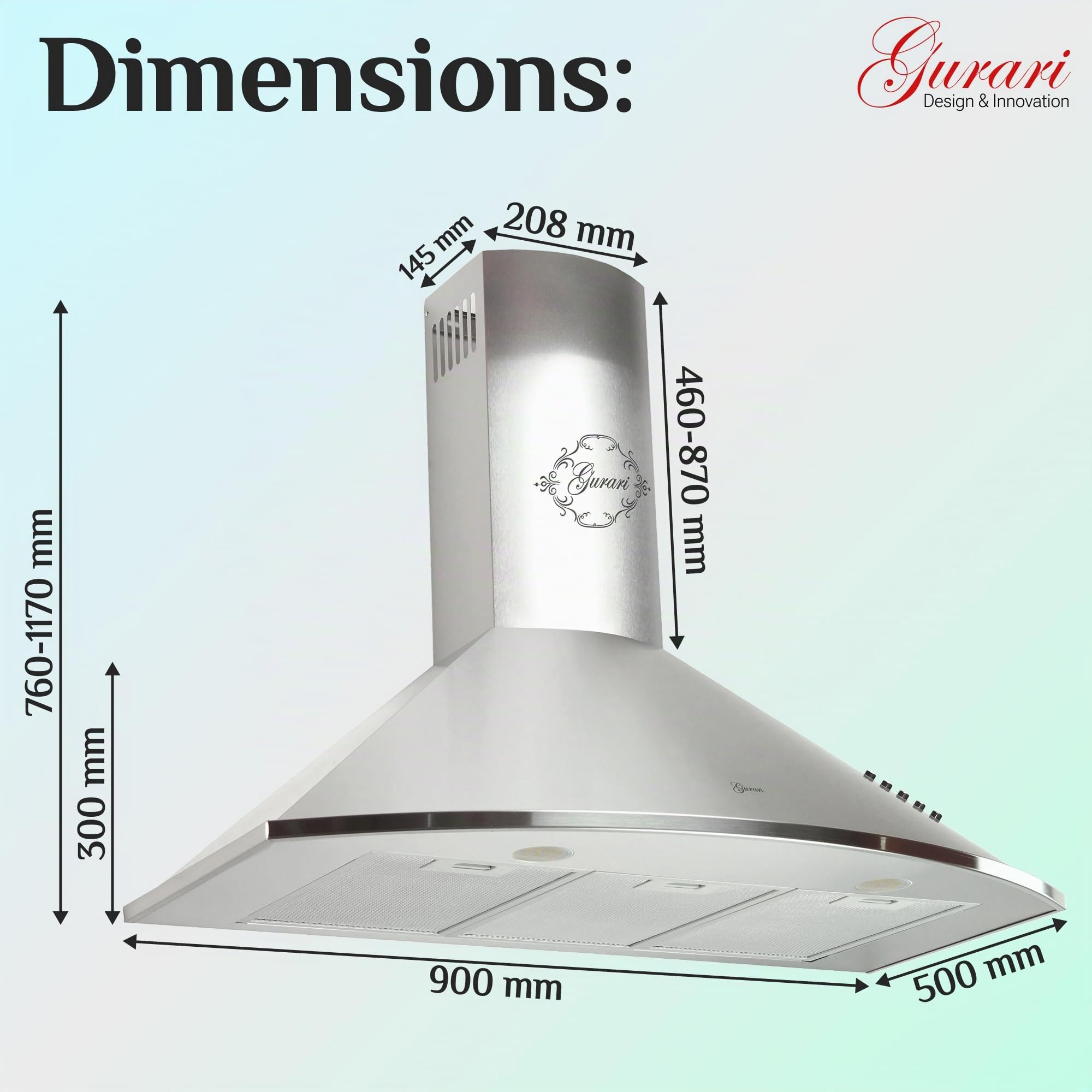 Gurari 046 IS Hotte aspirante murale 90 cm •1000m³/h•Hotte murale Luxe fabricant Gurari • 3 vitesses •1000m³/h •LED •Hotte• inox •Recirculation possible