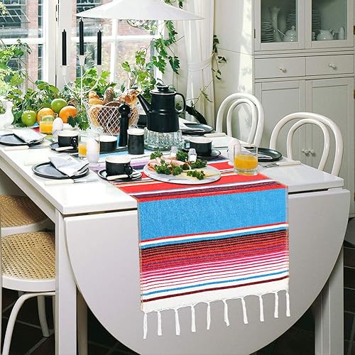 Miniatura 5 de Camino de mesa mexicano de algodón tejido a mano para fiestas, bodas y decoración del hogar, 14 x 84 pulgadas (1, 14 x 84 azul)