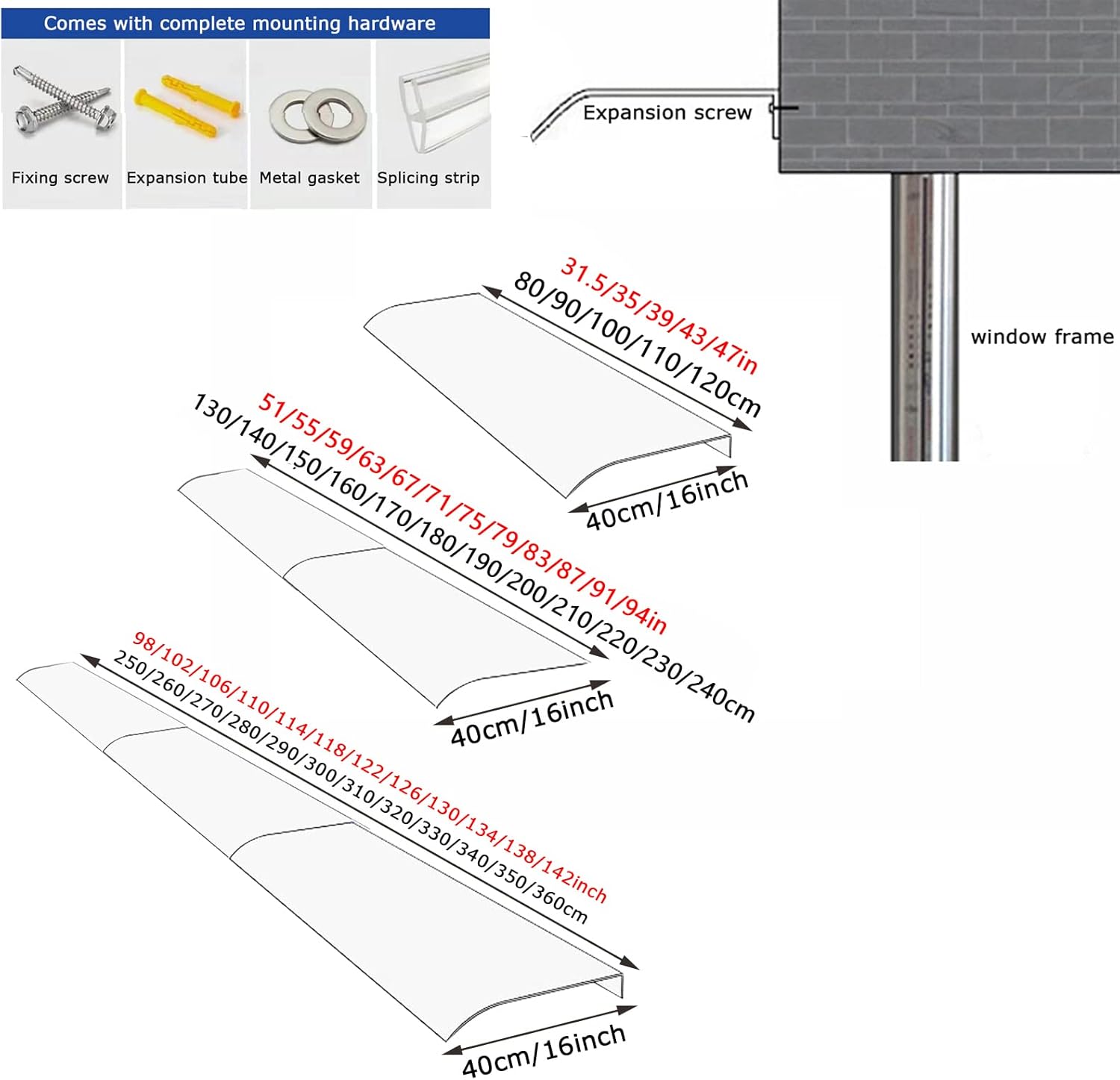 Window Awning Door Canopy Rain Shelter,Outdoor Awning Front Door Canopy Porch Awning Uv Rain Snow Sunlight Protection Solid Polycarbonate Sheet,for Roof Balcony Garden (40x80cm/16 x31)