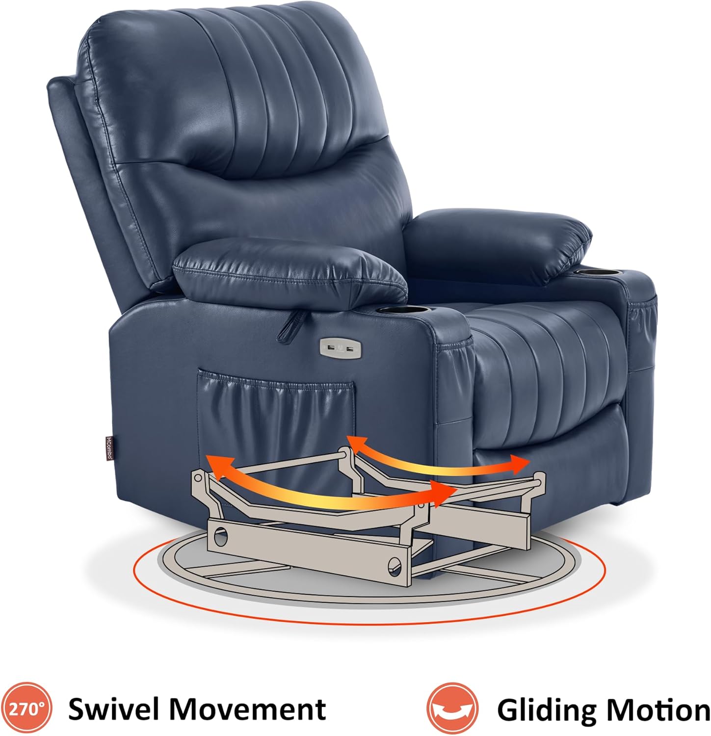 Diagram illustrating the 270-degree swivel movement and gliding motion mechanism of the recliner.