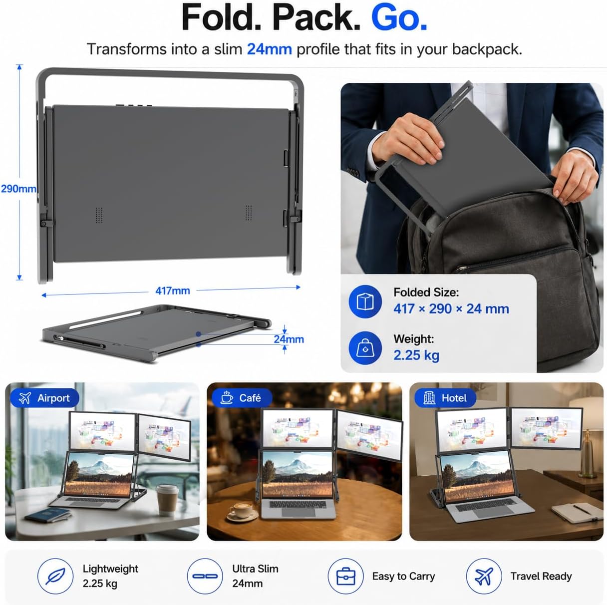 DuoCreate 15 FHD 15.6" Premium Dual Portable Monitor Extender | 2×15.6" 1920×1080 IPS | 360° Rotation | USB-C & HDMI | Aluminum Alloy Foldable Stand | Eye Care | for 13-18.5" Mac & Windows