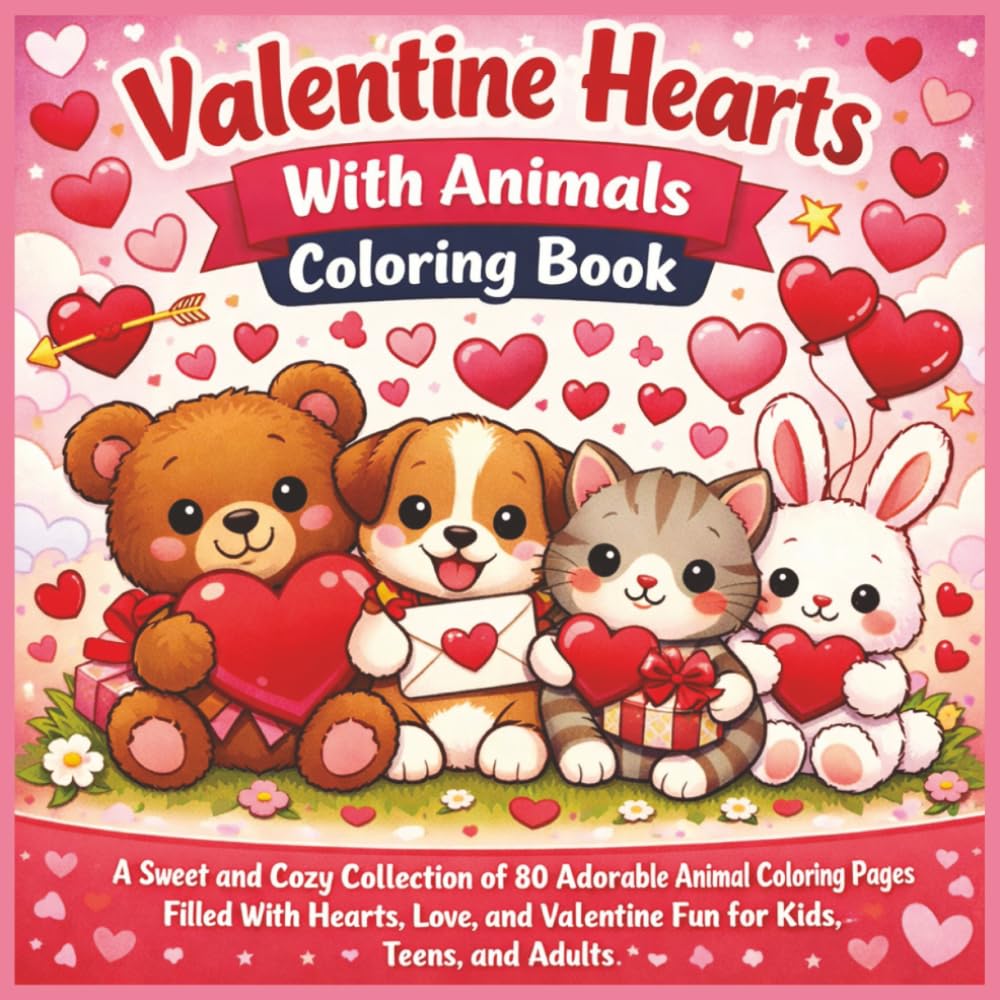 Valentine Hearts With Animals Coloring Book: A Sweet and Cozy Collection of 80 Adorable Animal Coloring Pages Filled With Hearts, Love, and Valentine Fun for Kids, Teens, and Adults...
