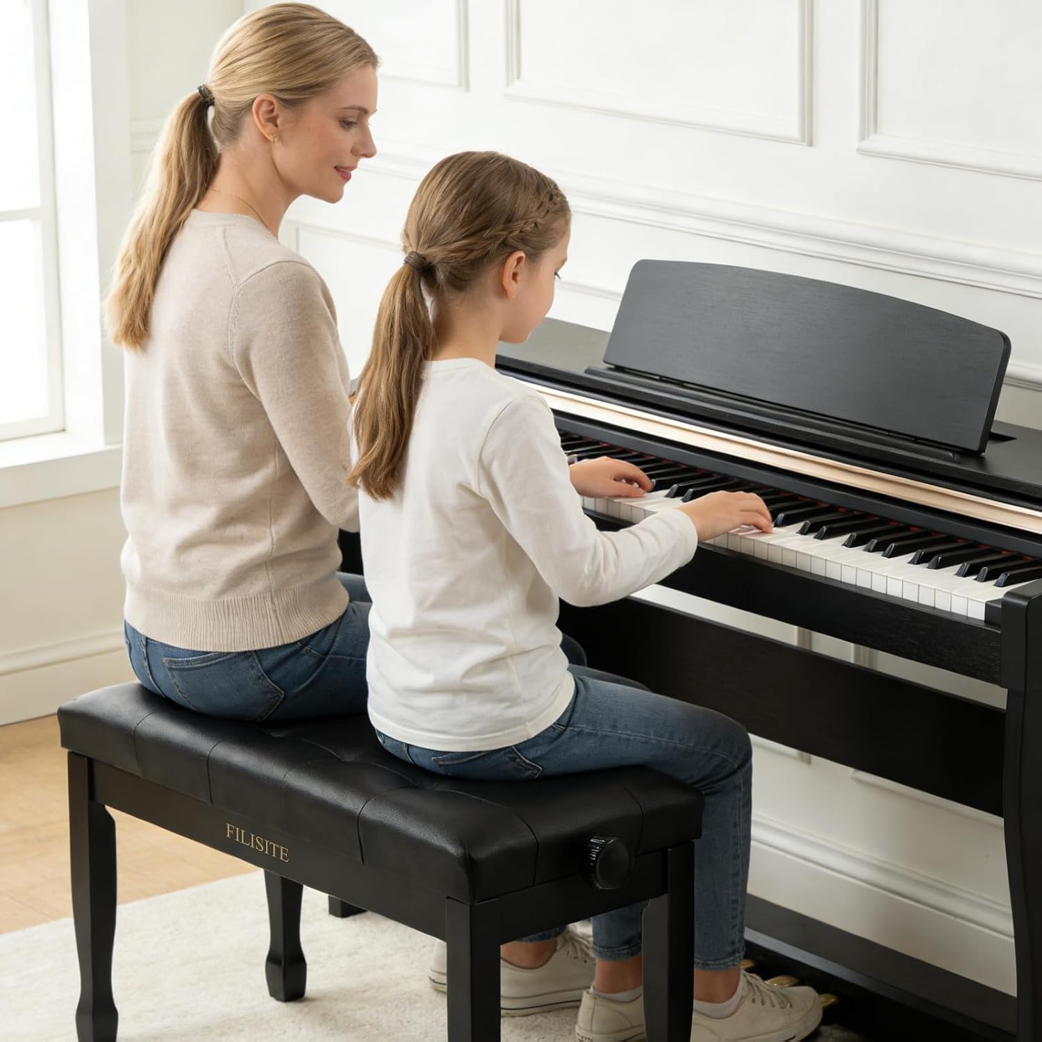 Adjustable Height Duet Piano Bench, Wooden Piano Stool with Waterproof Padded Cushion, Bench Seat for Vanity, Bedroom, Living Room, Black