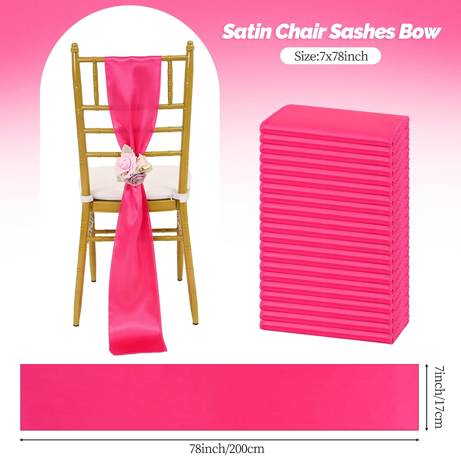 60 PCS 7x78 Inch Hot Pink Satin Chair Sashes Bows Suitable for Various Occasions Such as Weddings Banquets Parties, Graduation Ceremonies Etc