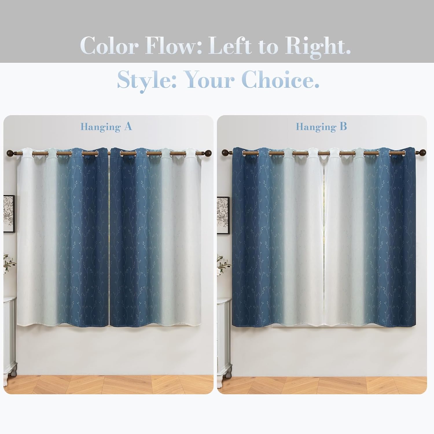 ColorBird Blue Ombre Curtains Floral Blackout Thermal Insulated Window Treatment Modern Patterned Curtain Drapes for Bedroom Living Kitchen Guest Room Essentials 63 Inch Length