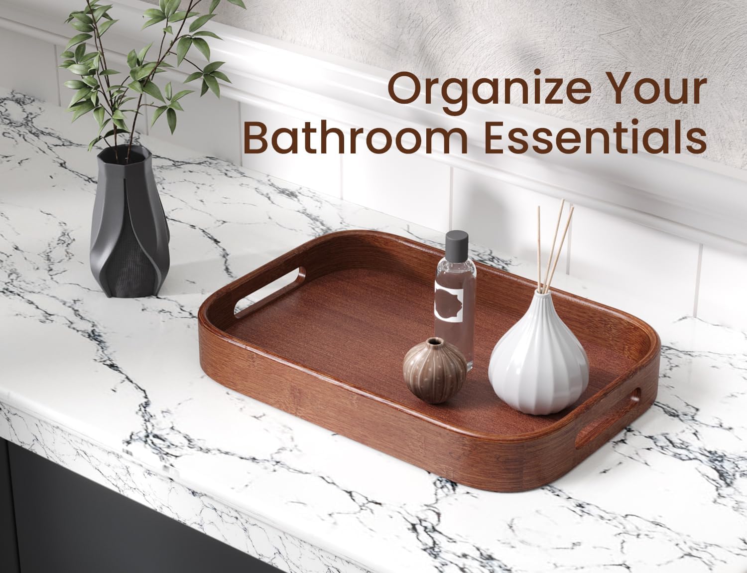 Bamboo Set of 2 Serving Tray with Rounded Corners Handles,Large & Small Food Serving Trays, Decorative Tray,Ottoman Tray for Coffee Table, Kitchen Counter, Ideal for Breakfast, Party(Brown)