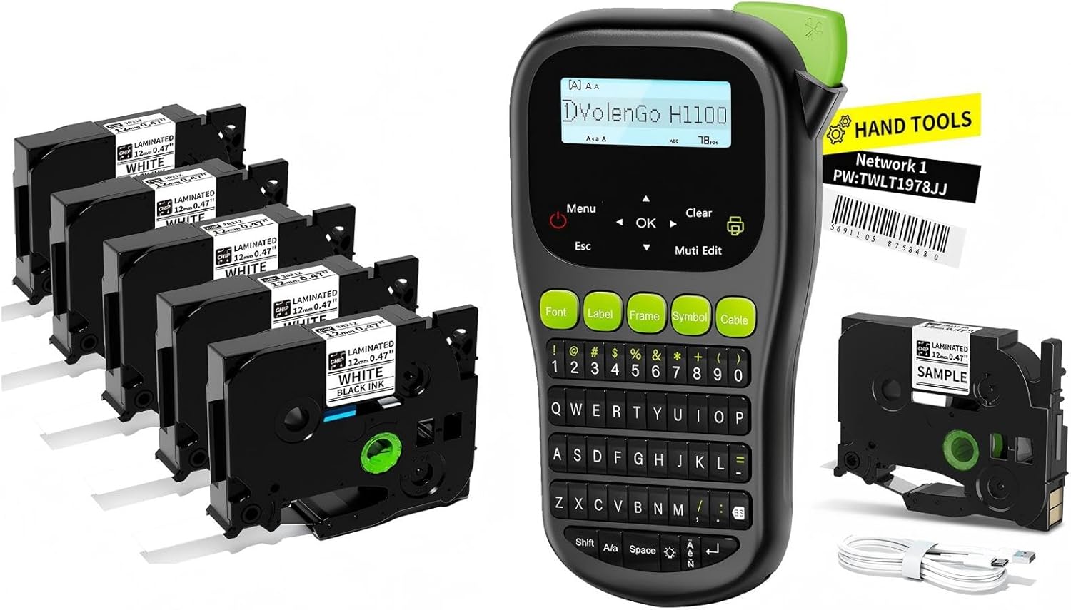 Label Maker Machine with 6 Tapes, H1100 Label Maker Waterproof-Labels, Wire Cable Labeler, Handheld Labeling Maker with Backlit-LCD & One-Touch Key, Industrial Office Organization