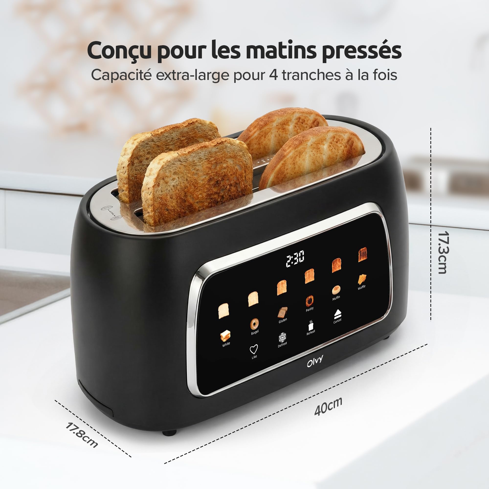 Grille-pain Olvy T-40T à fentes longues – 1500 W, écran tactile LCD avec minuterie, 6 niveaux de brunissage, fonctions décongélation et réchauffage, tiroir à miettes, 4 tranches - 3