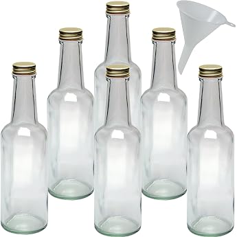 mikken 6 Small Glass Bottles 250 ml Liquor Bottles for Filling + 1 Funnel