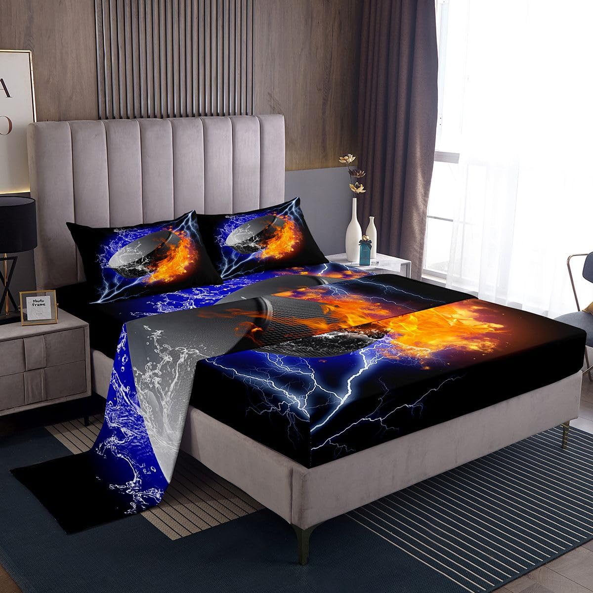 Erosebridal Ice Hockey Bed Sheets Set Full, Flame Puck Sheet Set for Kids Boys Teens Adult Bedroom, Sports Games Sheets Ice Hockey Gifts for Teenage Boys, Fire Water Lightning Top Sheet